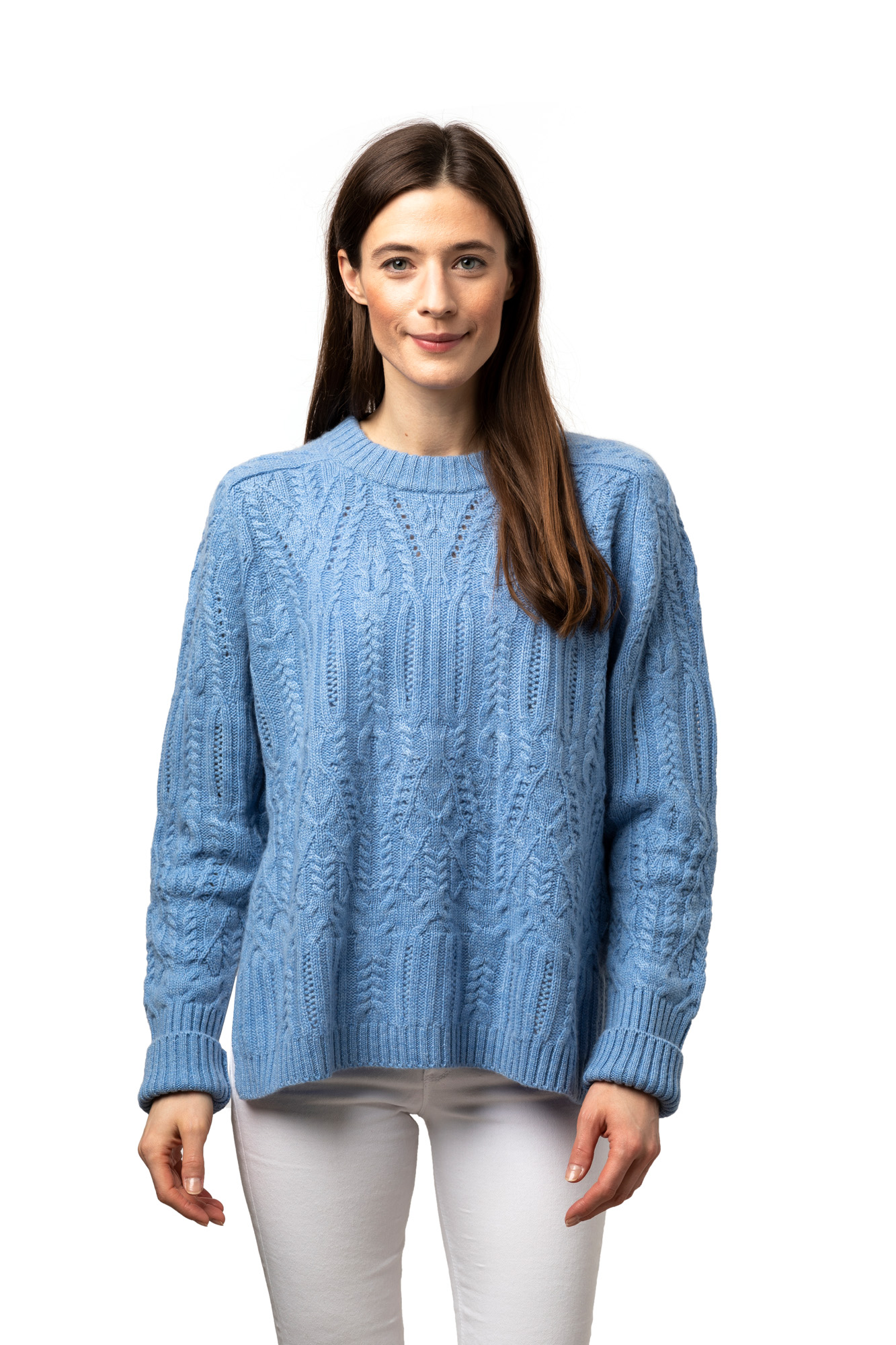Flätad Tröja - Oversize rundhalsad tröja med vackert flätmönster himmelsblå