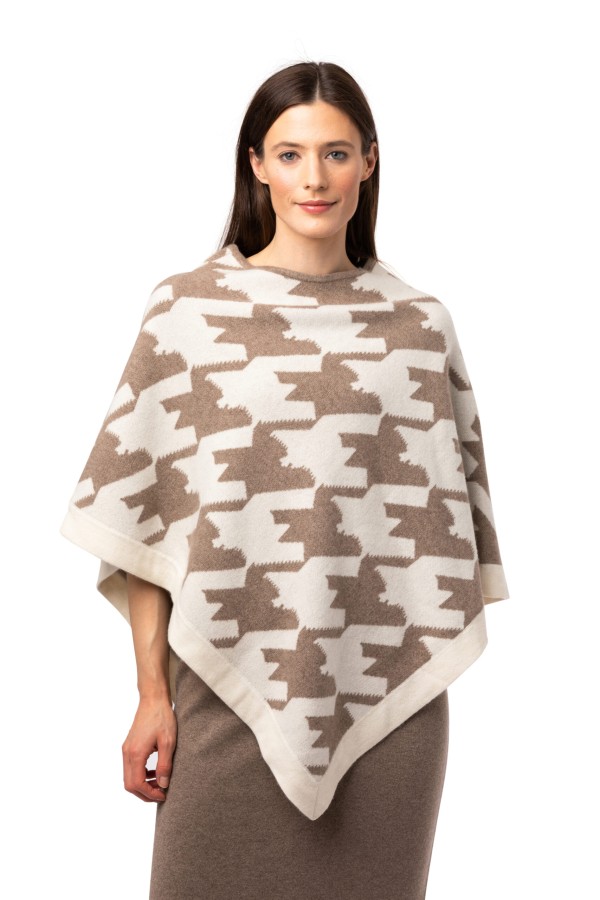 Poncho Jennie hundtandsmönster - rundhalsad poncho naturvit beige mönstrad