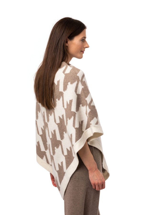 Poncho Jennie hundtandsmönster - rundhalsad poncho naturvit beige mönstrad