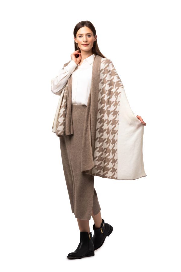 Sjal Inez Mönster - trendig stor sjal med hundtandsmönster naturvit beige