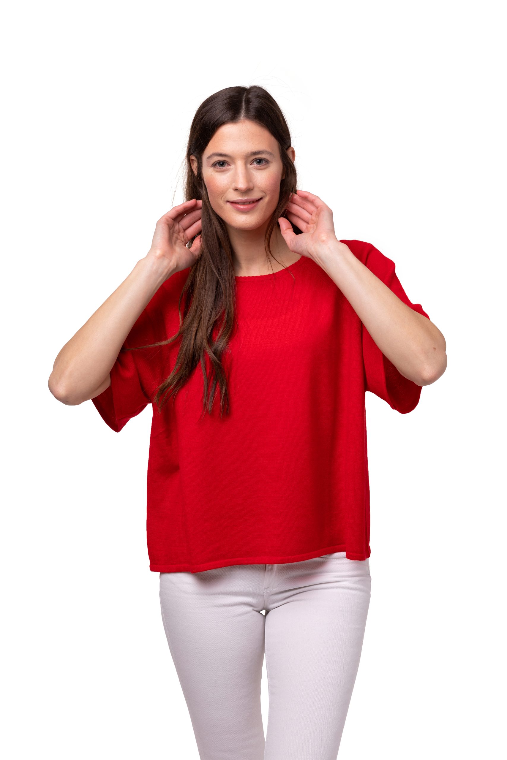 Tröja Sofia - Kortärmad slätstickad tröja med rund halsringning klar röd