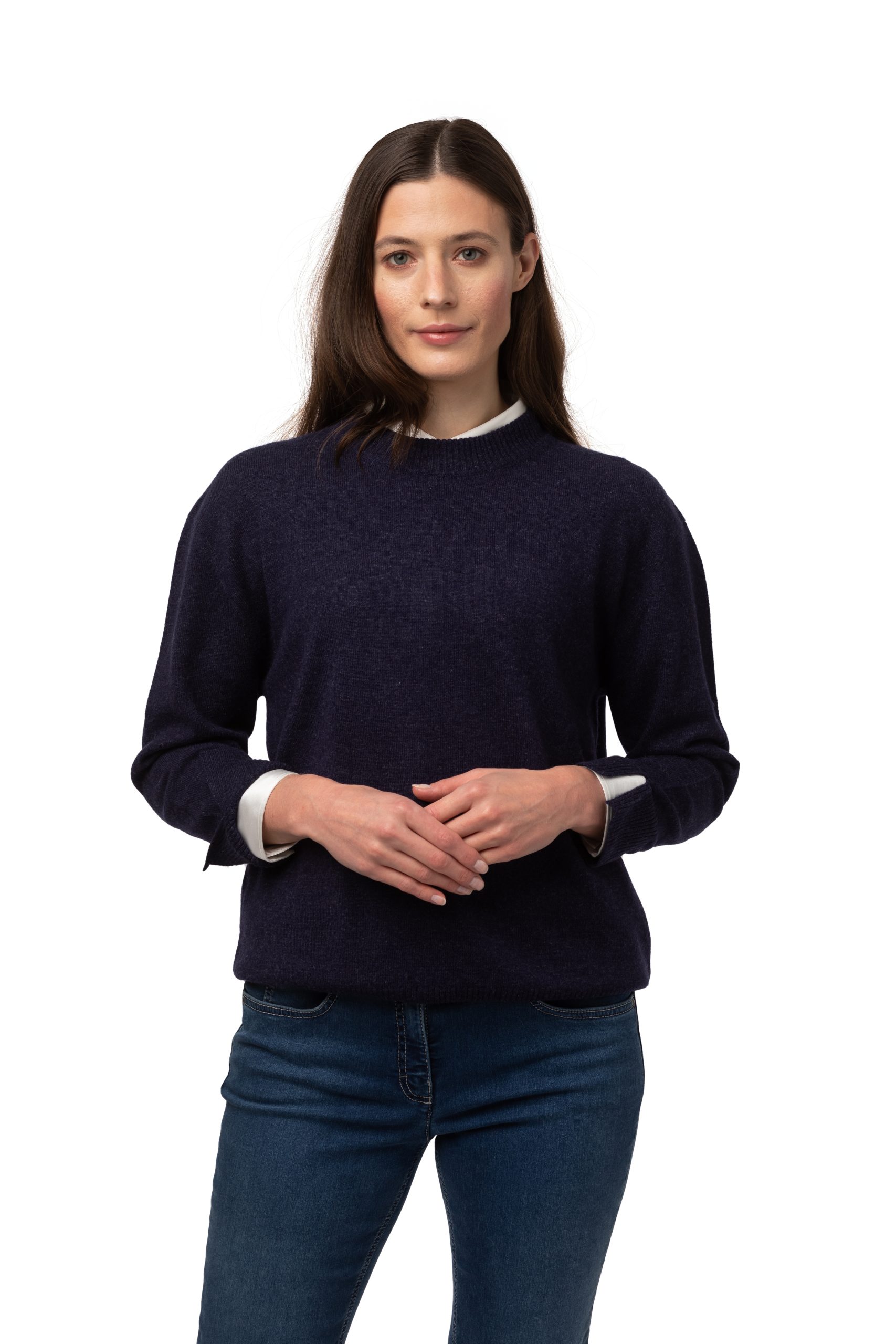 Tröja Ada rundhalsad -Klassisk tröja med sprund vid ärmens slut, marinblå melange